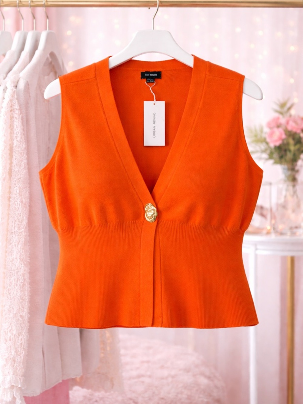 Urban Revivo Orange Knit Sweater Vest XXXL Stretchy V-Neck Gold Button NWT
